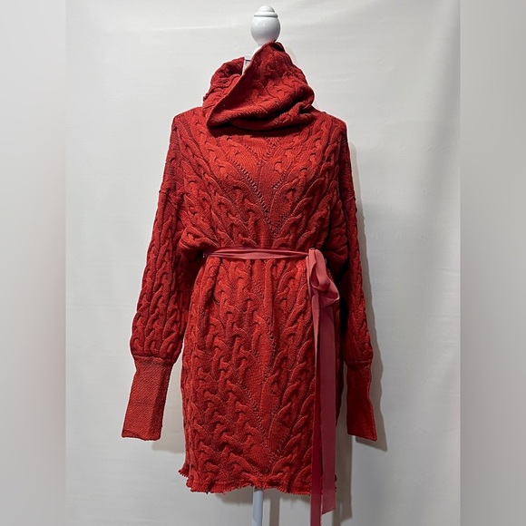 FREE PEOPLE Rust red cable knit turtleneck‎ sweater dress size S - Picture 3 of 14